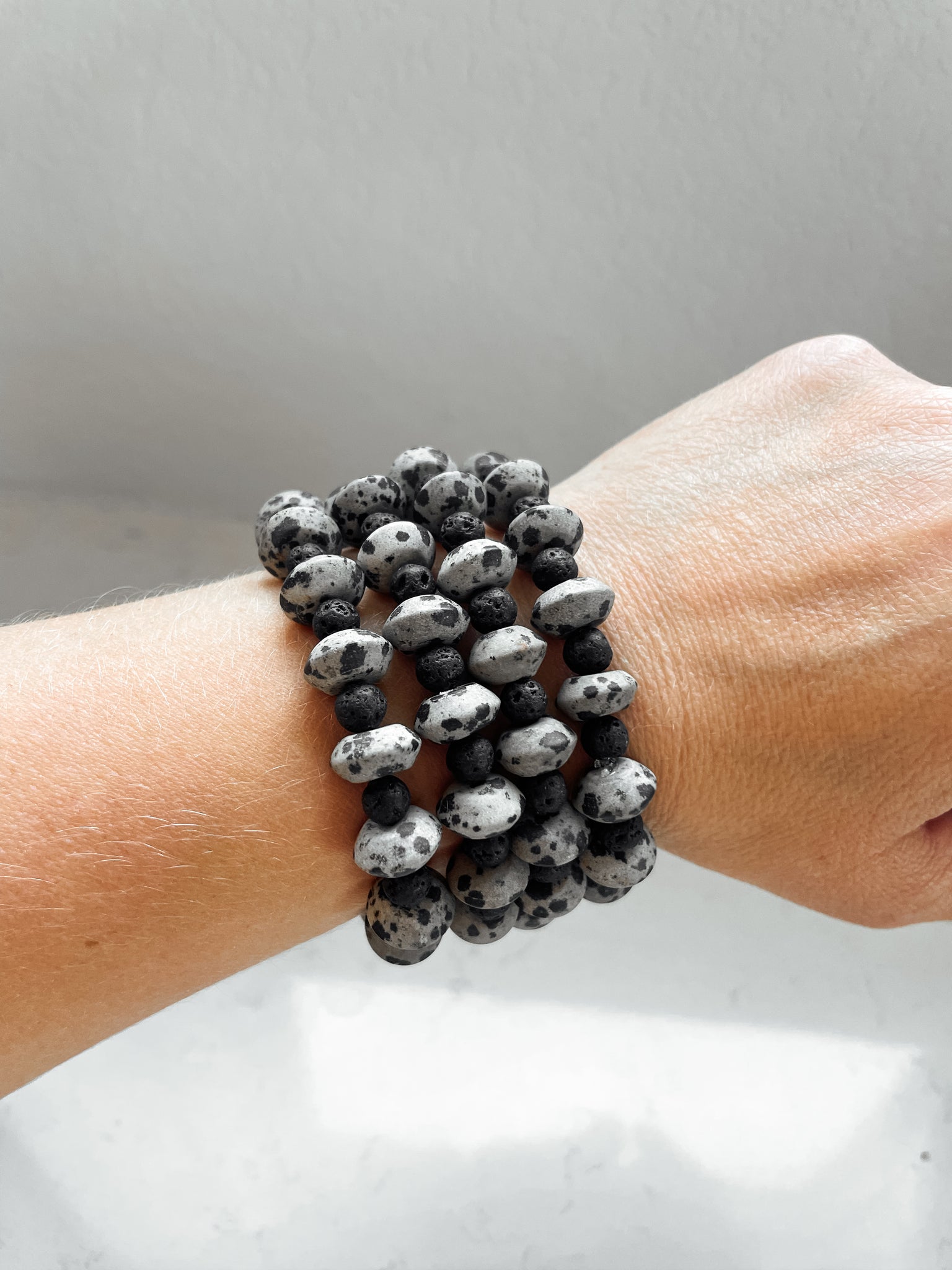 Matte Jasper Dalmatian & Black Lava Bead Bracelet