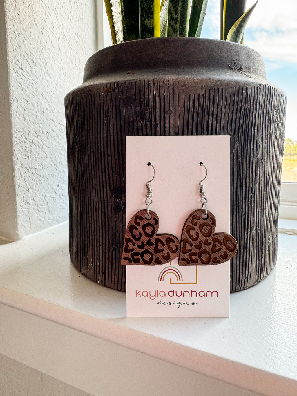 Walnut Leopard Heart Engraved Earrings