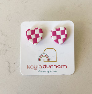 Pink & White Large Heart Checkered Studs